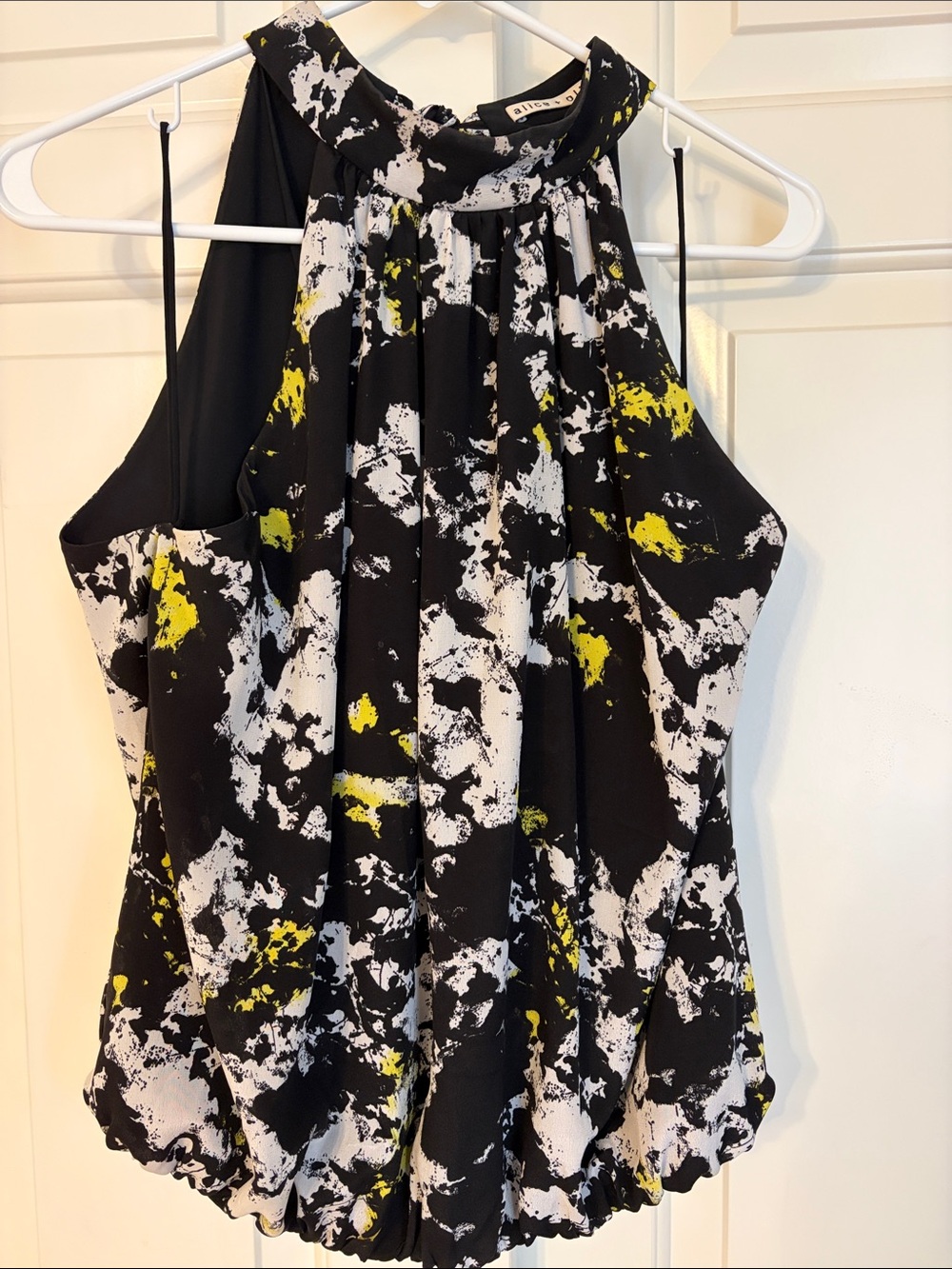 Alice + Olivia Black Abstract Silk Halter Top with White & Yellow Accents